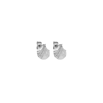 Aloha Shell Ohrringe in silberner Muschelform mit Zirkonia von PURELEI, feminine und elegante Insel-Ästhetik.