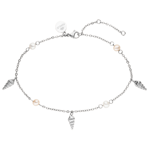 PURELEI Akala Fusskettchen in Silber mit Muschelanhängern und Süßwasserperlen, elegant und feminin.