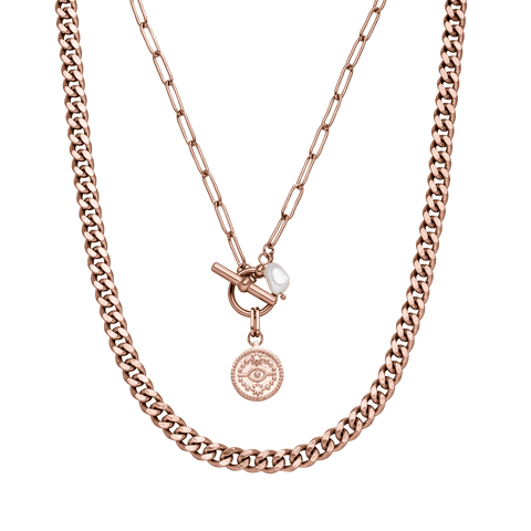 Makani Ketten-Set von PURELEI, roségoldene Edelstahlketten mit Keshi-Perle und Sternzeichen-Anhänger, elegant layering.