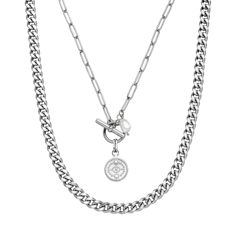 Makani Ketten-Set von PURELEI, nickelfreies silbernes Edelstahl-Layering mit Perle und Anhänger, elegant und modern