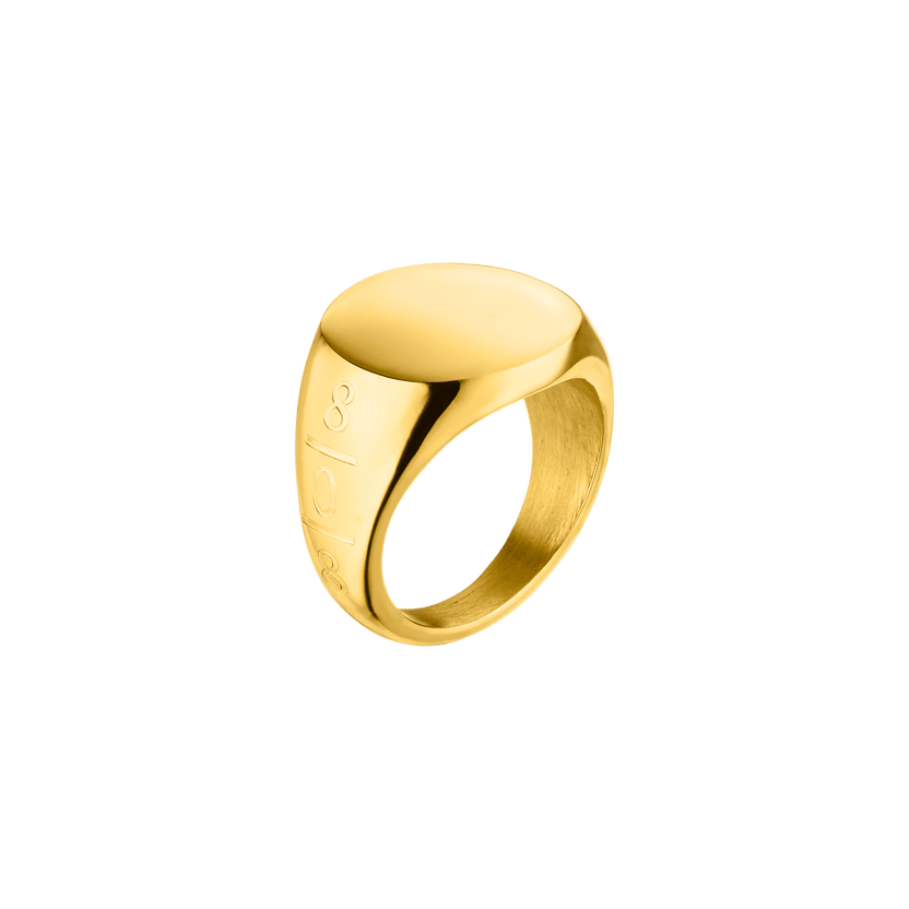 Round Ring von PURELEI in vergoldetem Edelstahl mit polierter Oberfläche und seitlicher 808-Gravur, elegant und zeitlos.