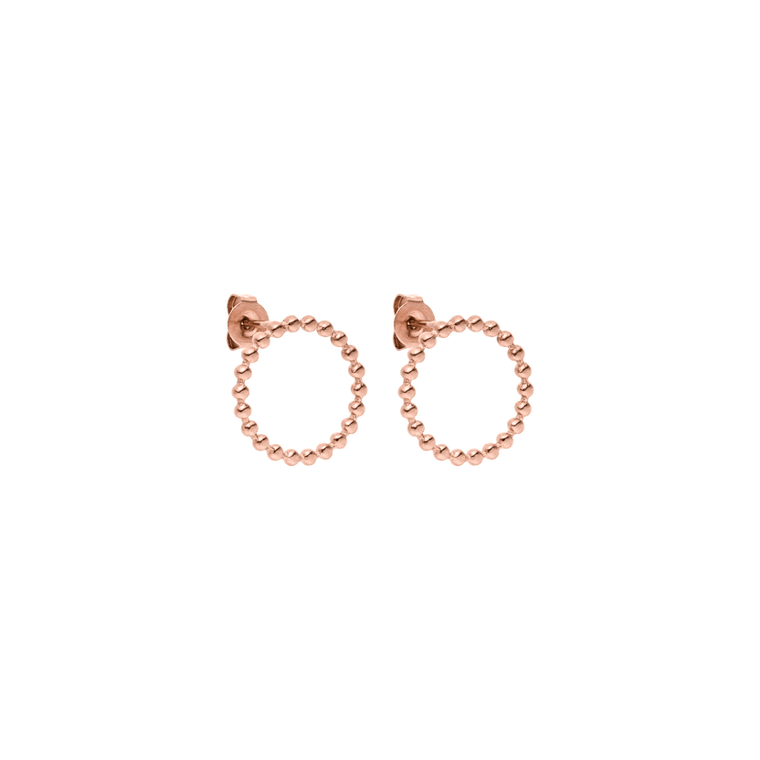 PURELEI Karma Ohrringe, 18K rosévergoldete Edelstahlkreolen mit runder Perlenoptik, elegant und feminin gestaltet.