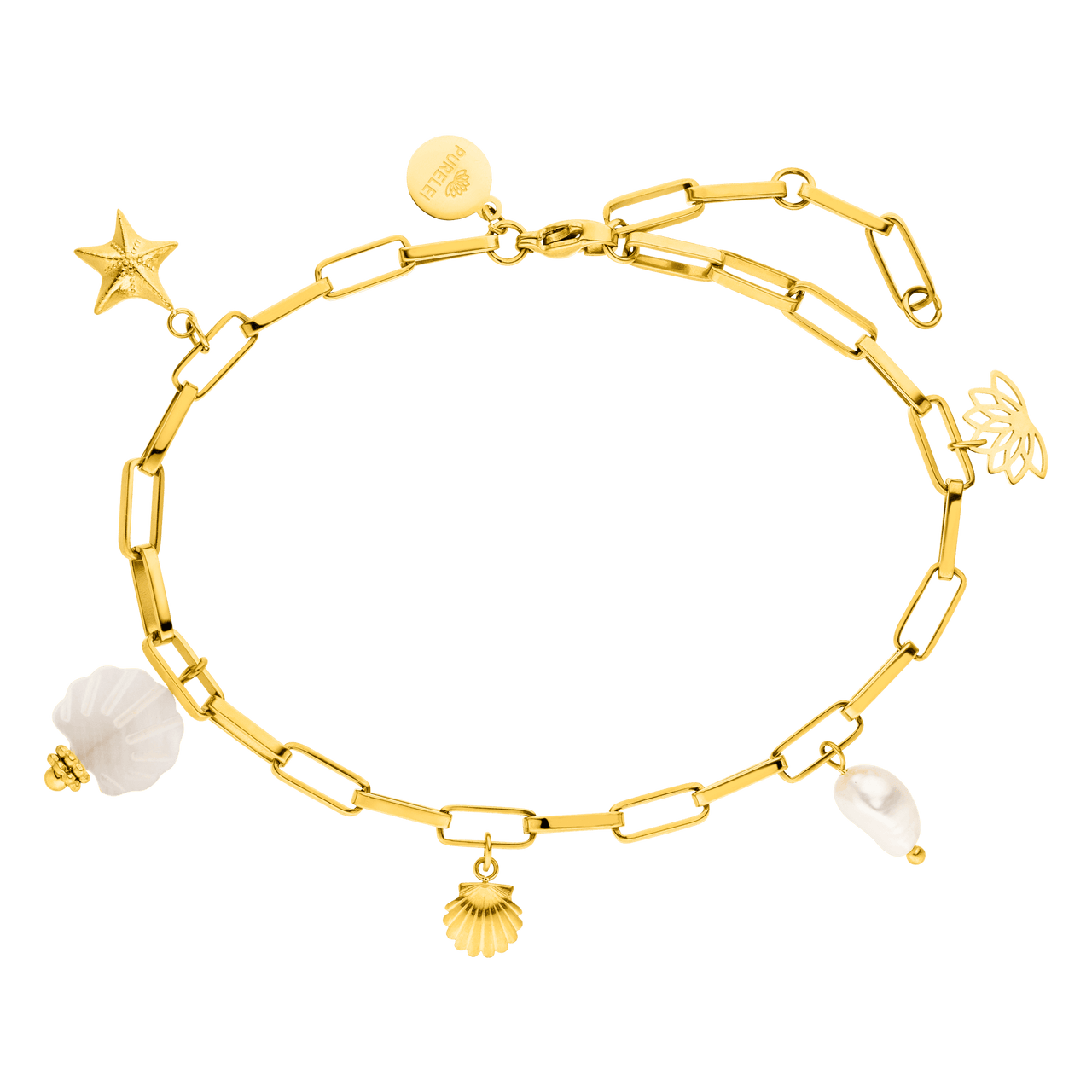 Goldenes Armband mit Muschel- und Stern-Anhängern von PURELEI, tropische Eleganz.