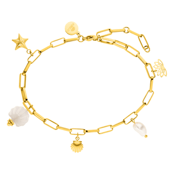 Goldenes Armband mit Muschel- und Stern-Anhängern von PURELEI, tropische Eleganz.