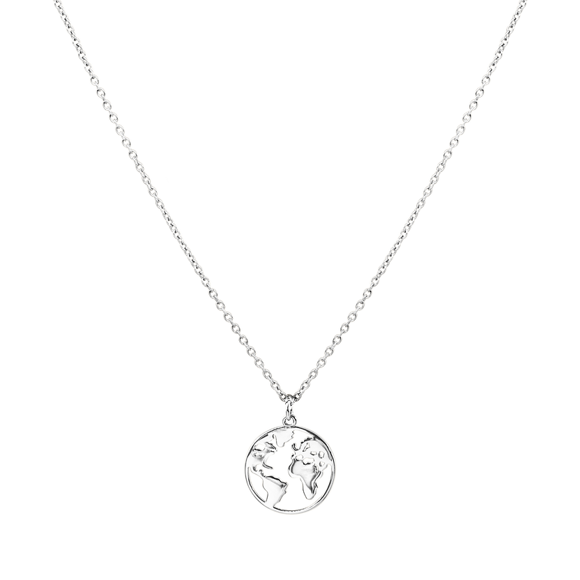 PURELEI World Map Kette in nickelfreiem Silber mit filigranem Globus-Anhänger, elegant und zeitlos.