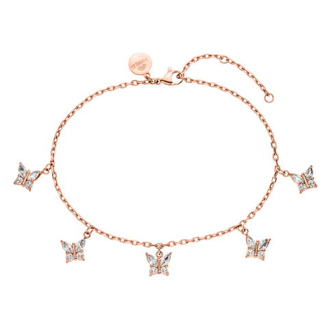 Roségoldenes Armband mit Schmetterlingen, funkelnd und elegant, von PURELEI.