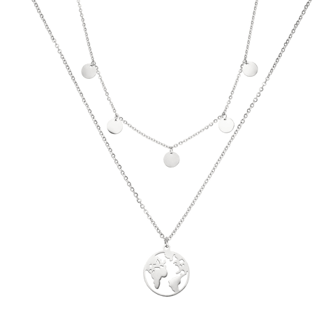Silberne Kette mit Weltkugel-Anhänger und runden Plättchen von PURELEI
