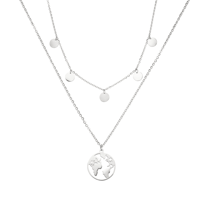 Silberne Kette mit Weltkugel-Anhänger und runden Plättchen von PURELEI